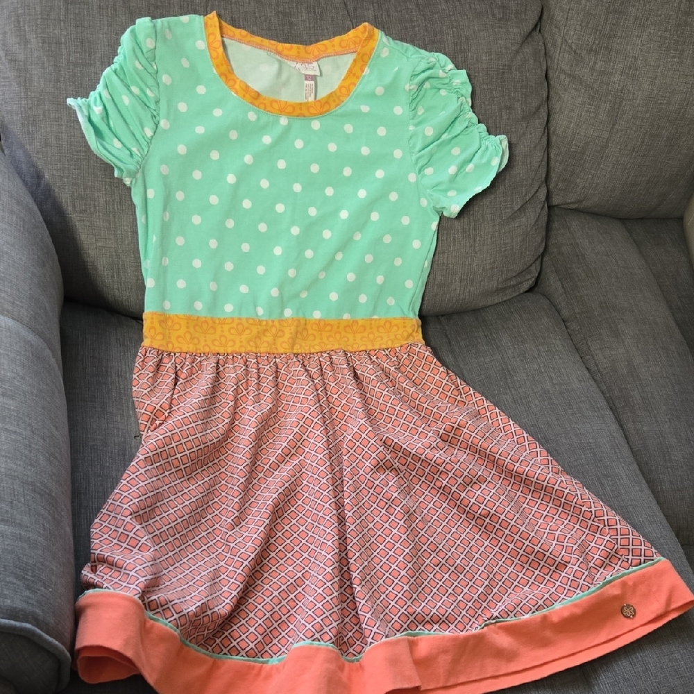 Matilda Jane Mint Polka Dot Dress with Coral Skirt and Yellow Trim